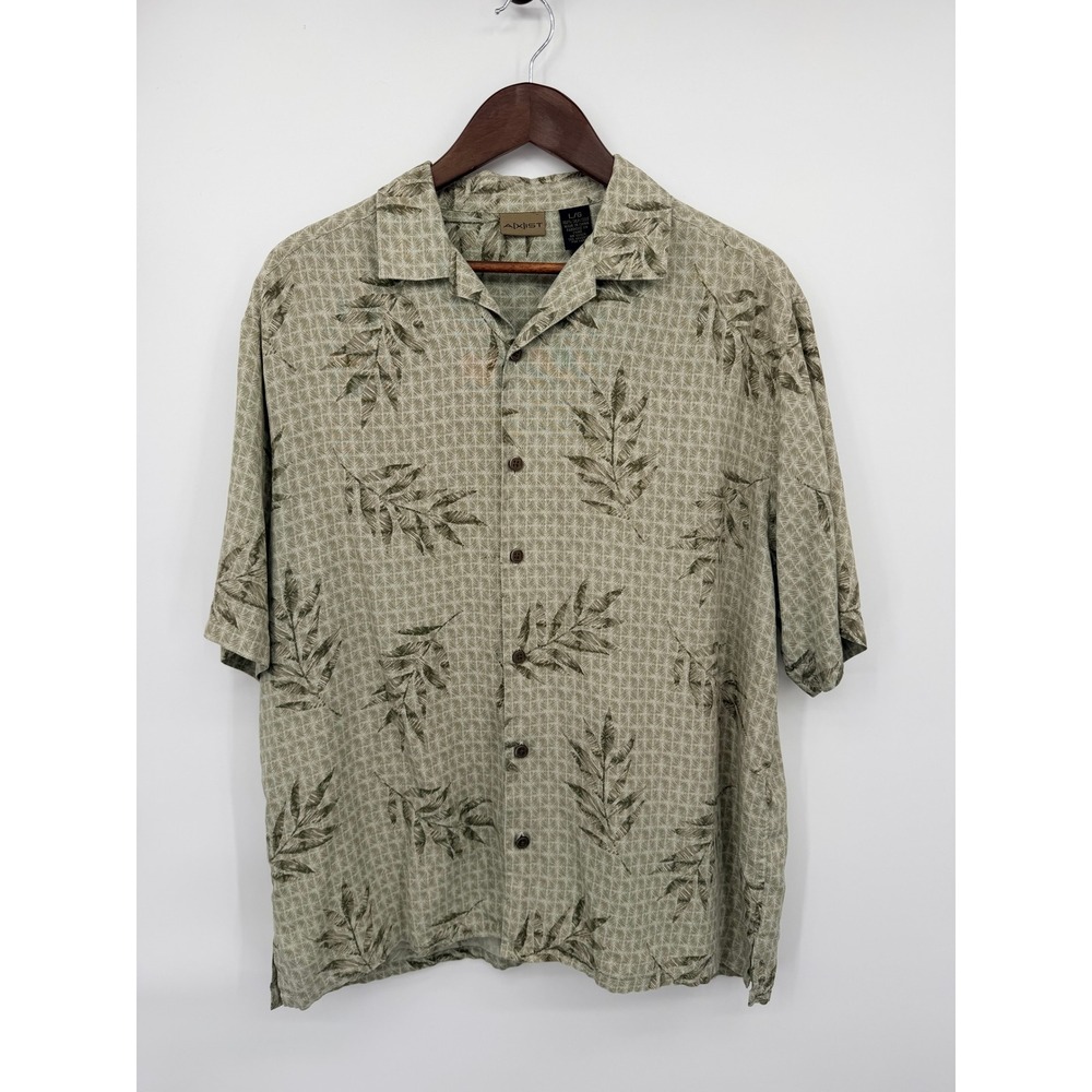 AXIST Silk Button‎ Down Men Large Green Tropical Leaf Camp Shirt Short Sleeve